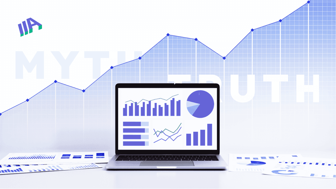 A laptop displaying various charts and graphs, with printed analytics sheets around it. In the background, the words "MYTH" and "TRUTH" are partially visible, symbolizing the contrast between misconceptions and facts