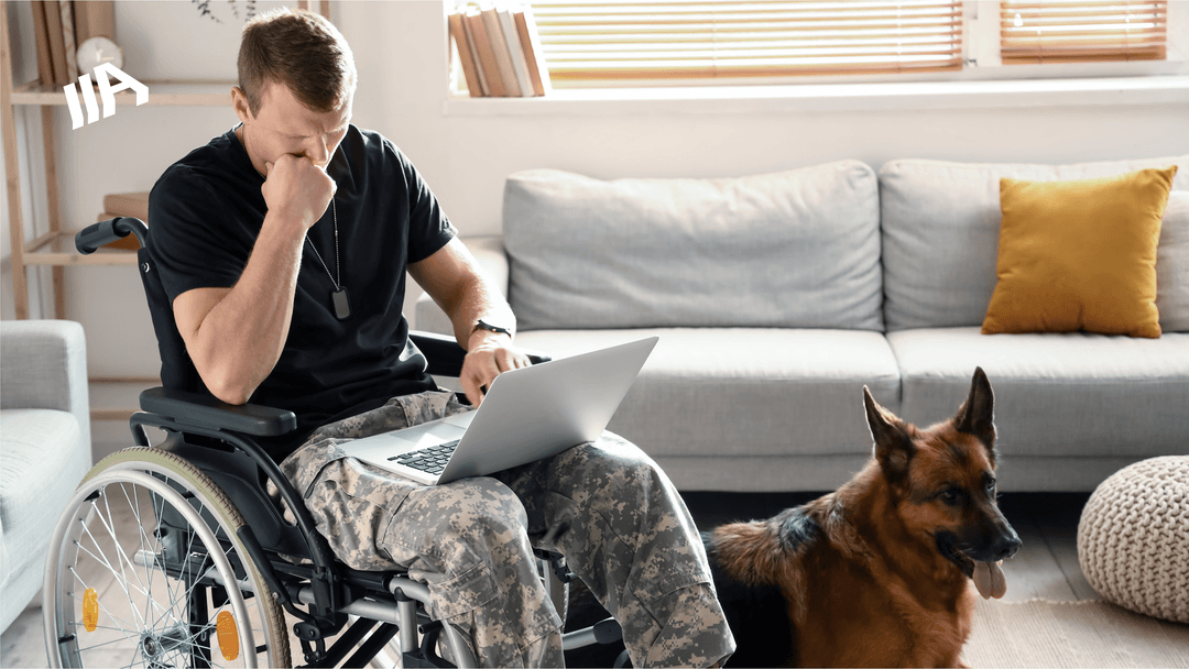 Man in a wheelchair wearing military camo pants using a laptop, sitting in a cozy living room with a German Shepherd service dog by his side.