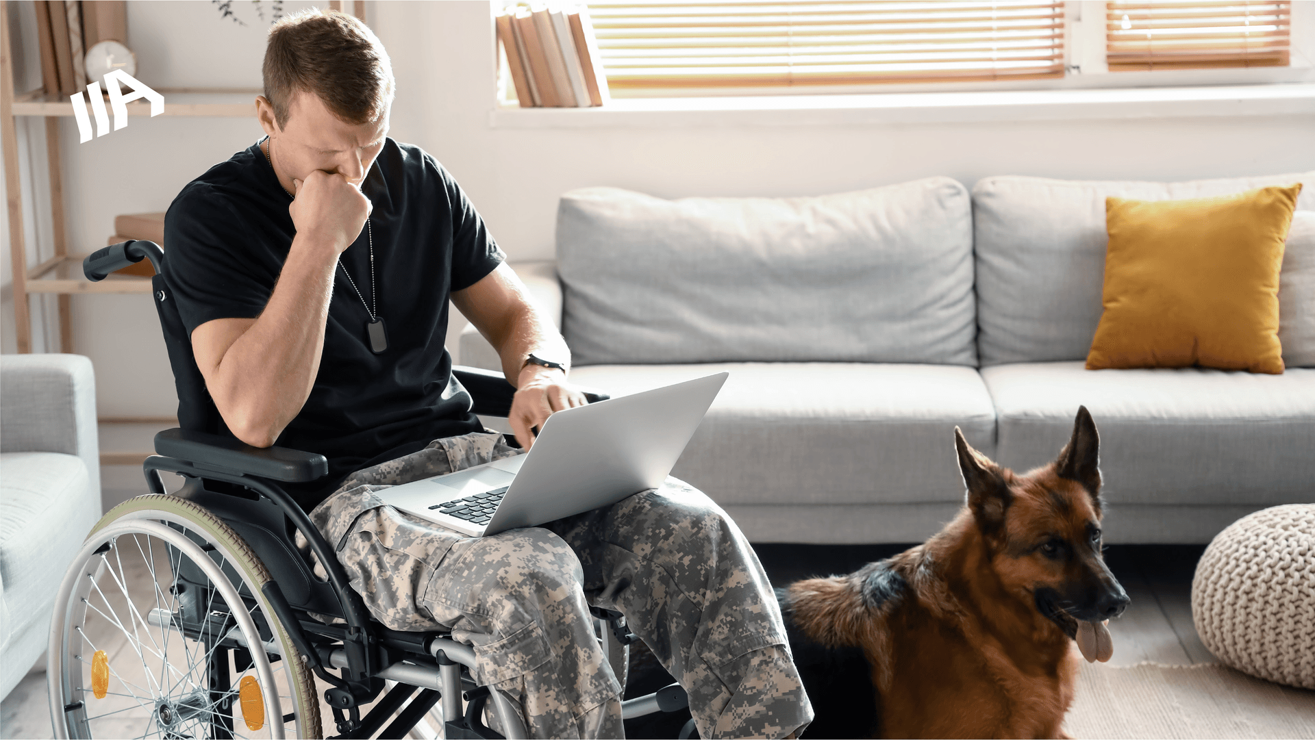 Man in a wheelchair wearing military camo pants using a laptop, sitting in a cozy living room with a German Shepherd service dog by his side.