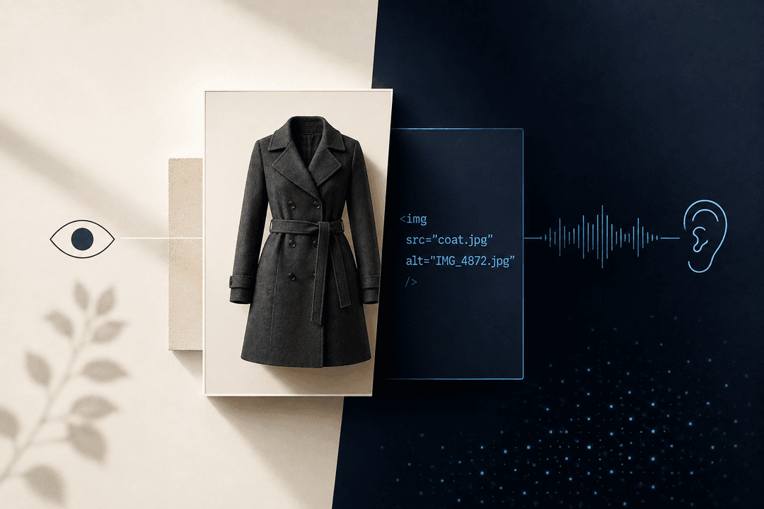 A winter coat alongside image code and a screen reader waveform, illustrating the role of alt text in accessibility