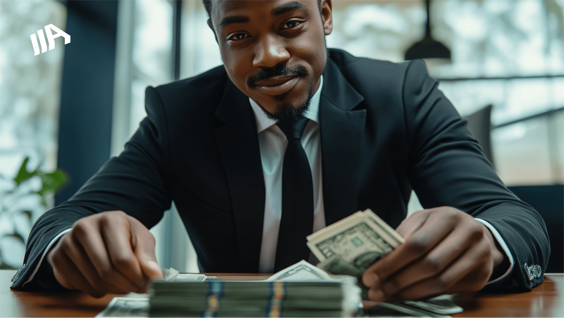 A smiling man in a suit counts dollar bills at a desk in an office