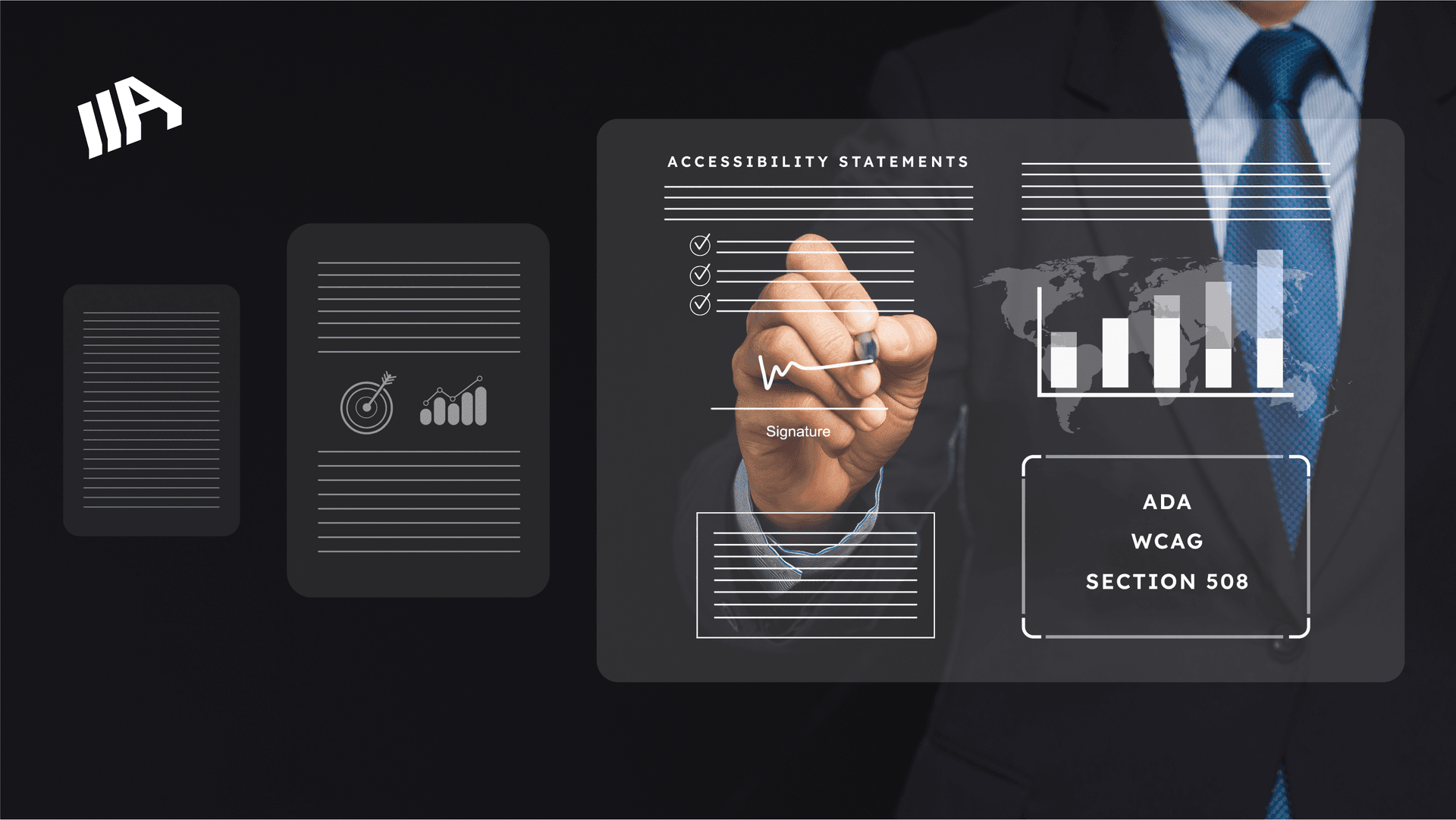 A man in a suit and tie points to a graph on a screen, highlighting key points about web accessibility.