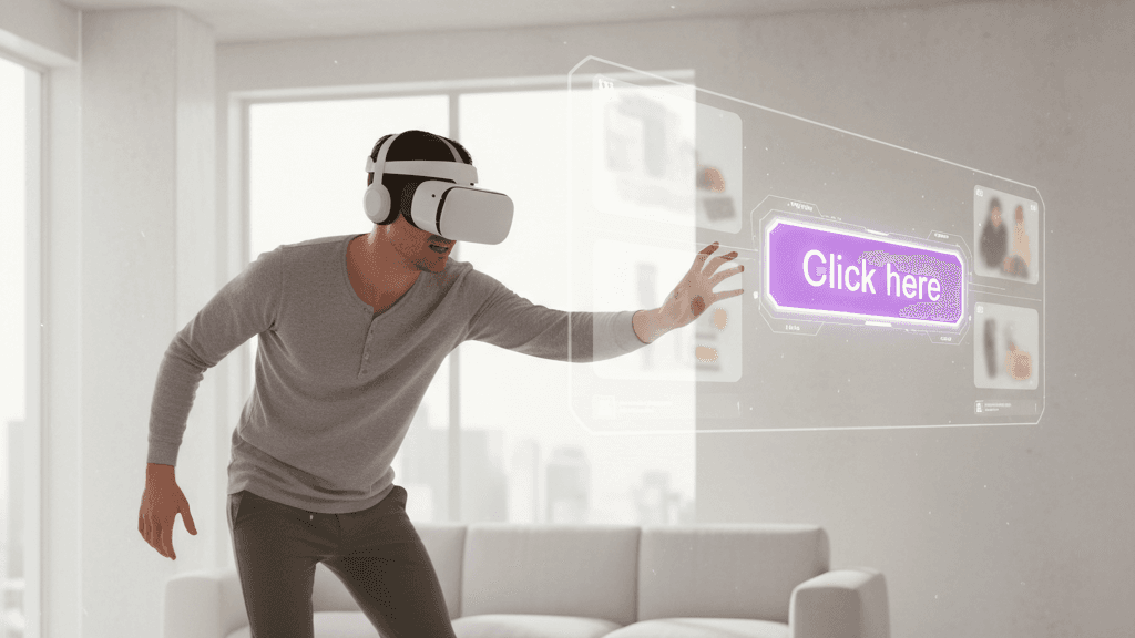 a person in VR mask is interacting with an interface