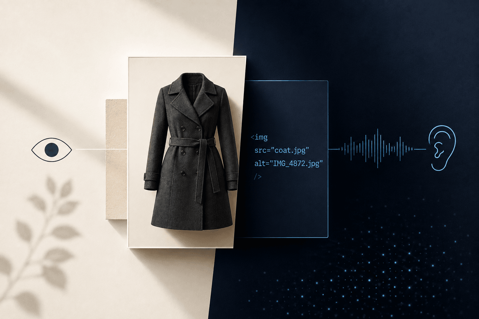 A winter coat alongside image code and a screen reader waveform, illustrating the role of alt text in accessibility